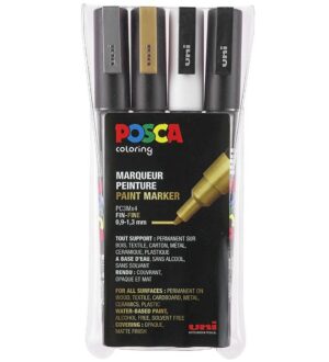 Posca 3M metallisävyt, musta ja valkoinen.